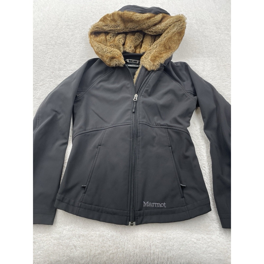 Marmot Women Black Softshell Hooded Jacket Faux Fur Lined Fleece XS P85560